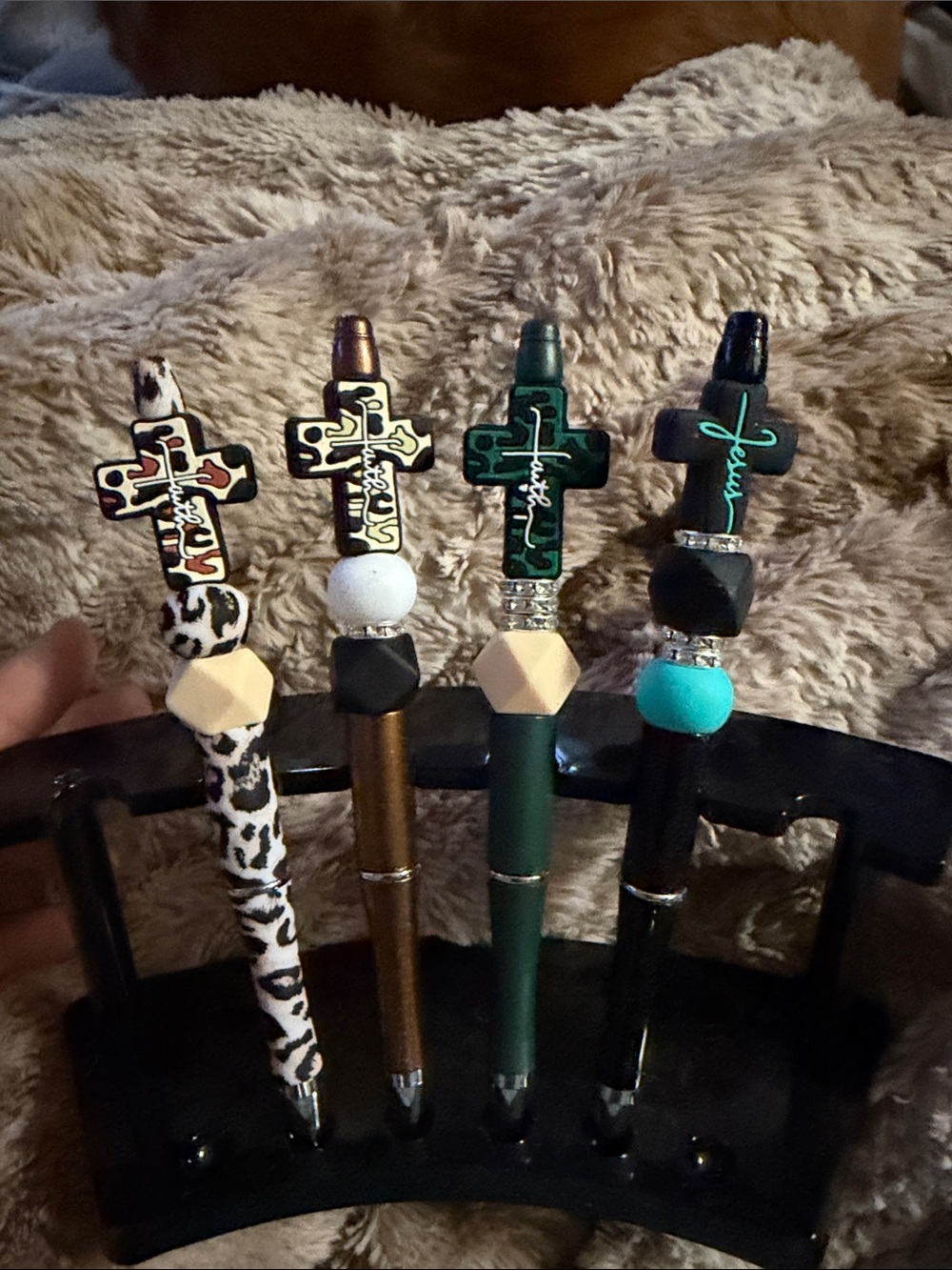 CHRISTIAN Decorative Cross Top Pens in Leopard, Bronze, Green, and Black